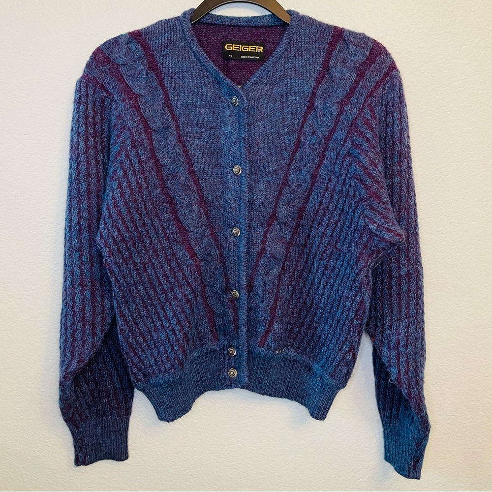 Geiger Blue Purple Wool Mohair Button Cardigan Knit Sweater | Size 40 | Medium